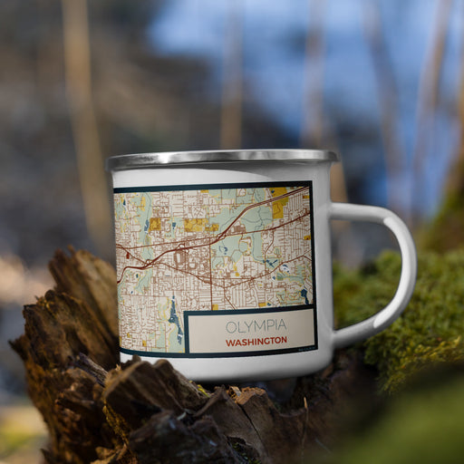 Right View Custom Olympia Washington Map Enamel Mug in Woodblock on Grass With Trees in Background