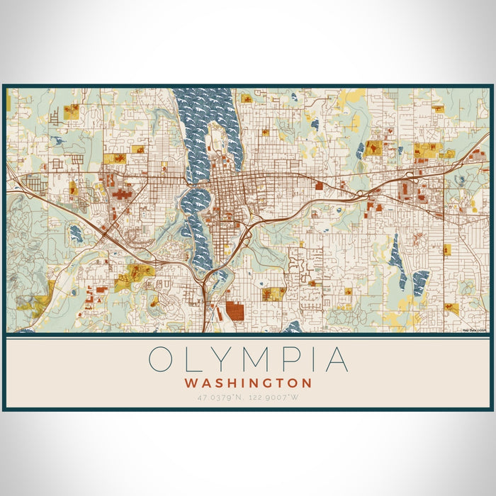 Olympia Washington Map Print Landscape Orientation in Woodblock Style With Shaded Background