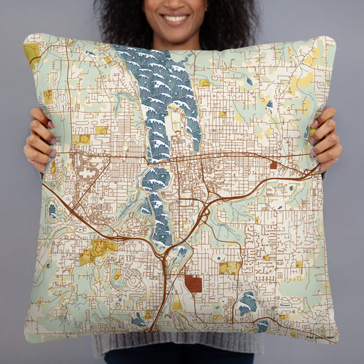 Person holding 22x22 Custom Olympia Washington Map Throw Pillow in Woodblock