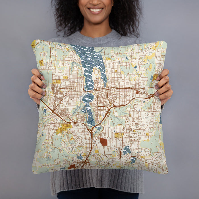 Person holding 18x18 Custom Olympia Washington Map Throw Pillow in Woodblock