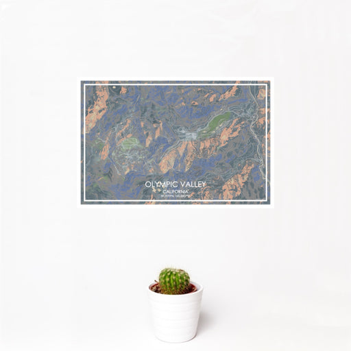 12x18 Olympic Valley California Map Print Landscape Orientation in Afternoon Style With Small Cactus Plant in White Planter