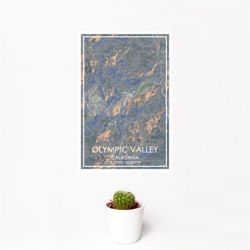 12x18 Olympic Valley California Map Print Portrait Orientation in Afternoon Style With Small Cactus Plant in White Planter