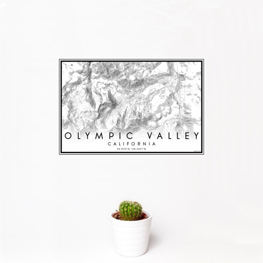 12x18 Olympic Valley California Map Print Landscape Orientation in Classic Style With Small Cactus Plant in White Planter