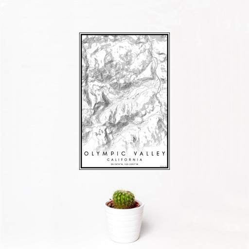 12x18 Olympic Valley California Map Print Portrait Orientation in Classic Style With Small Cactus Plant in White Planter