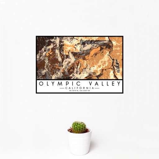12x18 Olympic Valley California Map Print Landscape Orientation in Ember Style With Small Cactus Plant in White Planter