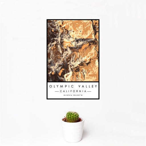 12x18 Olympic Valley California Map Print Portrait Orientation in Ember Style With Small Cactus Plant in White Planter