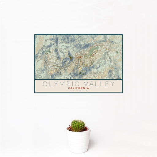 12x18 Olympic Valley California Map Print Landscape Orientation in Woodblock Style With Small Cactus Plant in White Planter