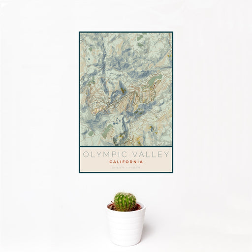 12x18 Olympic Valley California Map Print Portrait Orientation in Woodblock Style With Small Cactus Plant in White Planter