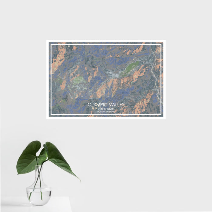16x24 Olympic Valley California Map Print Landscape Orientation in Afternoon Style With Tropical Plant Leaves in Water