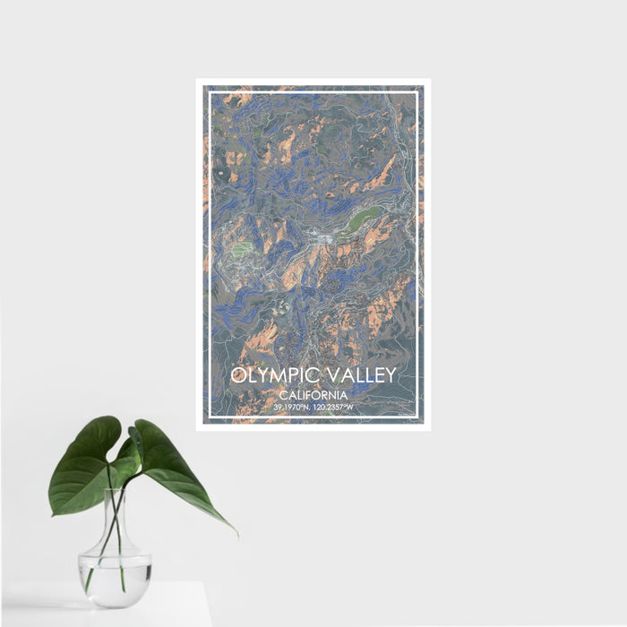 16x24 Olympic Valley California Map Print Portrait Orientation in Afternoon Style With Tropical Plant Leaves in Water