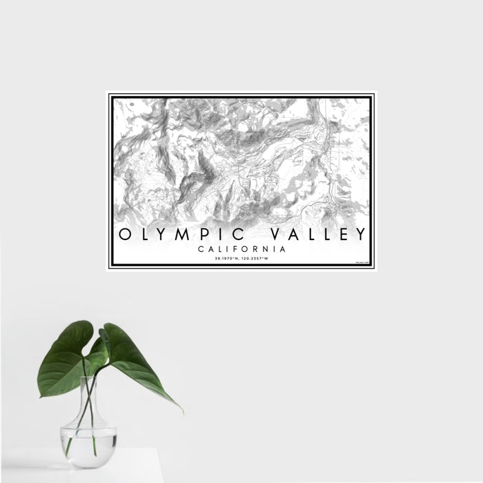 16x24 Olympic Valley California Map Print Landscape Orientation in Classic Style With Tropical Plant Leaves in Water