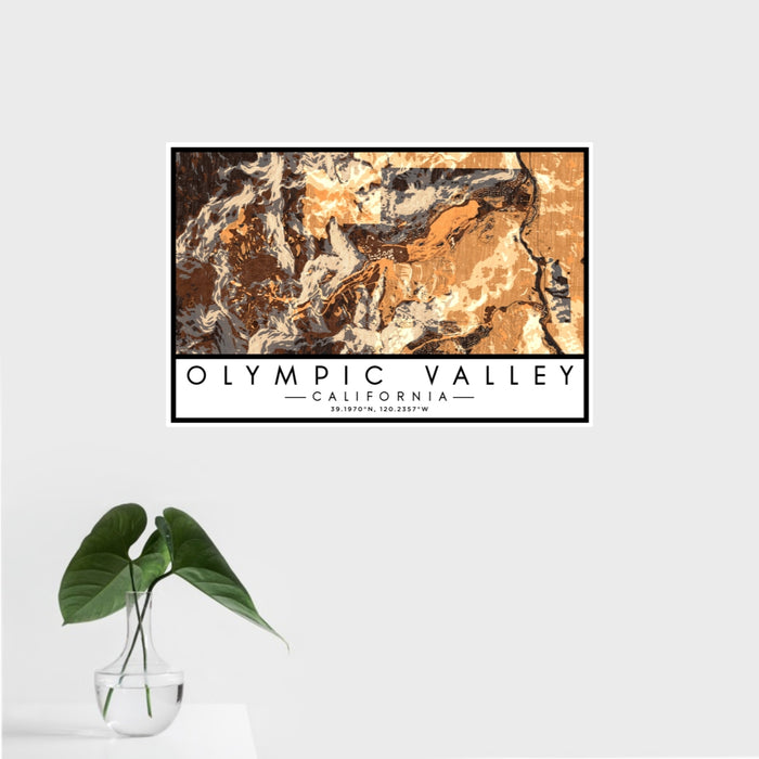 16x24 Olympic Valley California Map Print Landscape Orientation in Ember Style With Tropical Plant Leaves in Water