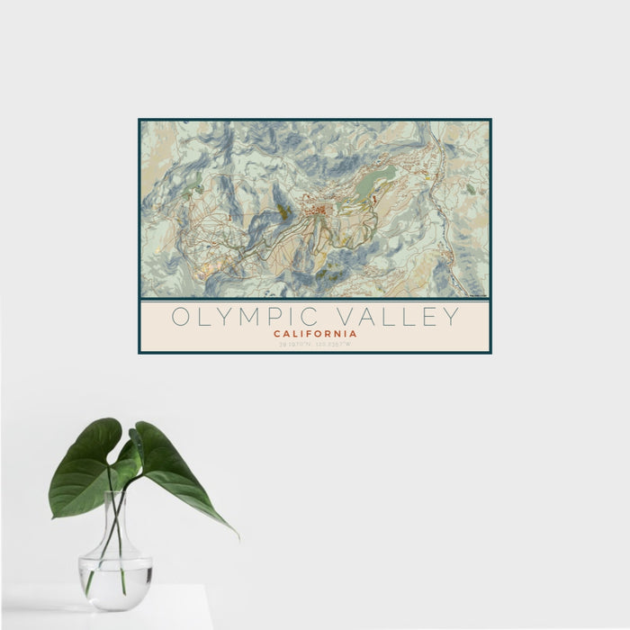 16x24 Olympic Valley California Map Print Landscape Orientation in Woodblock Style With Tropical Plant Leaves in Water