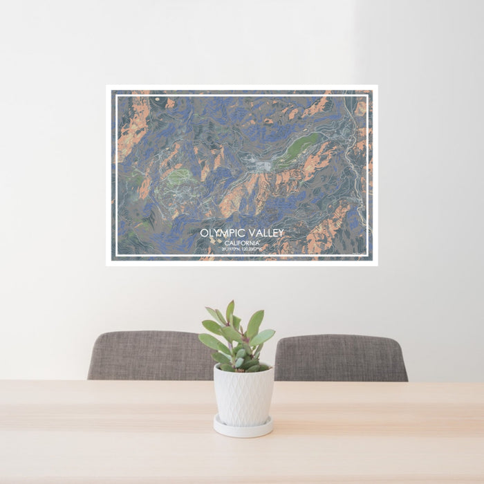 24x36 Olympic Valley California Map Print Lanscape Orientation in Afternoon Style Behind 2 Chairs Table and Potted Plant