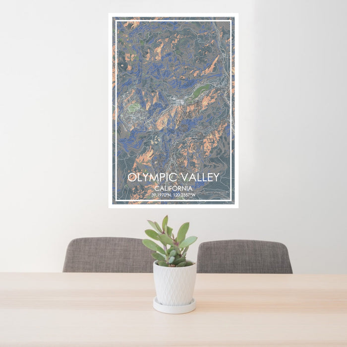 24x36 Olympic Valley California Map Print Portrait Orientation in Afternoon Style Behind 2 Chairs Table and Potted Plant