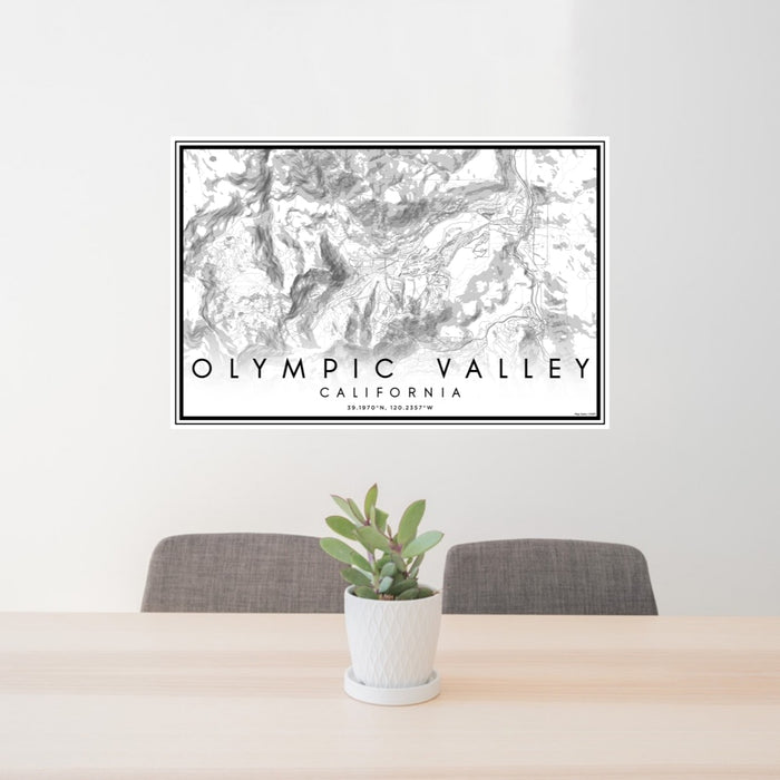 24x36 Olympic Valley California Map Print Lanscape Orientation in Classic Style Behind 2 Chairs Table and Potted Plant
