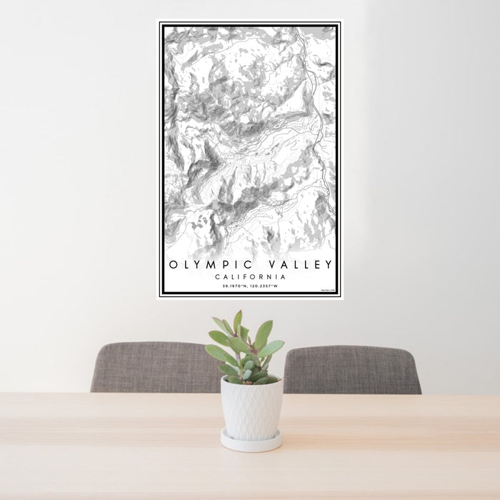 24x36 Olympic Valley California Map Print Portrait Orientation in Classic Style Behind 2 Chairs Table and Potted Plant