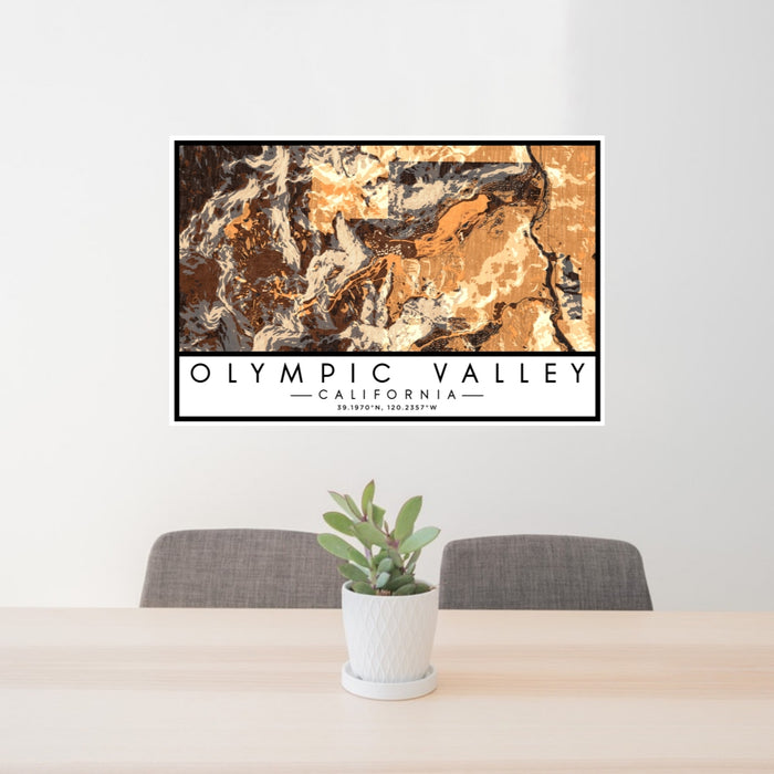 24x36 Olympic Valley California Map Print Lanscape Orientation in Ember Style Behind 2 Chairs Table and Potted Plant