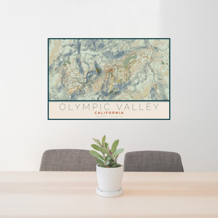 24x36 Olympic Valley California Map Print Lanscape Orientation in Woodblock Style Behind 2 Chairs Table and Potted Plant