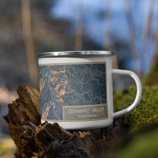 Right View Custom Olympic Valley California Map Enamel Mug in Afternoon on Grass With Trees in Background