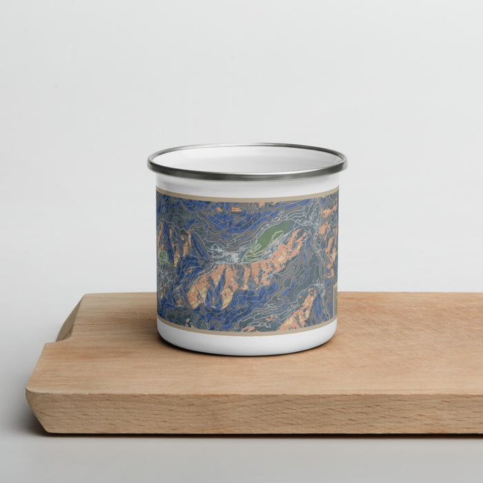 Front View Custom Olympic Valley California Map Enamel Mug in Afternoon on Cutting Board