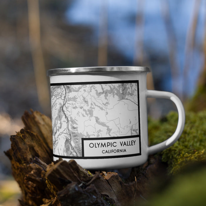 Right View Custom Olympic Valley California Map Enamel Mug in Classic on Grass With Trees in Background