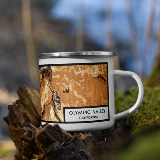 Right View Custom Olympic Valley California Map Enamel Mug in Ember on Grass With Trees in Background