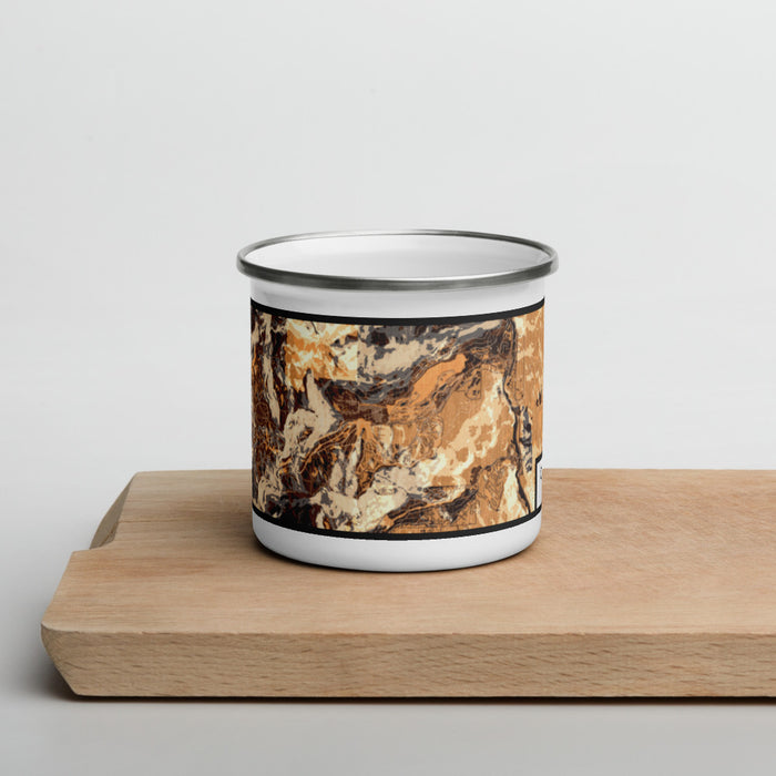 Front View Custom Olympic Valley California Map Enamel Mug in Ember on Cutting Board