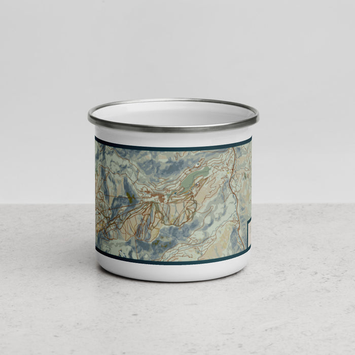 Front View Custom Olympic Valley California Map Enamel Mug in Woodblock