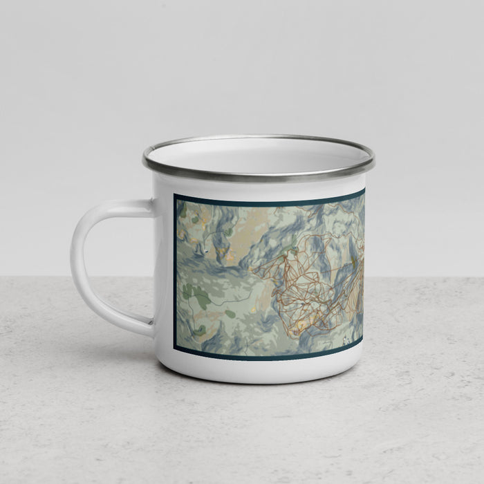 Left View Custom Olympic Valley California Map Enamel Mug in Woodblock