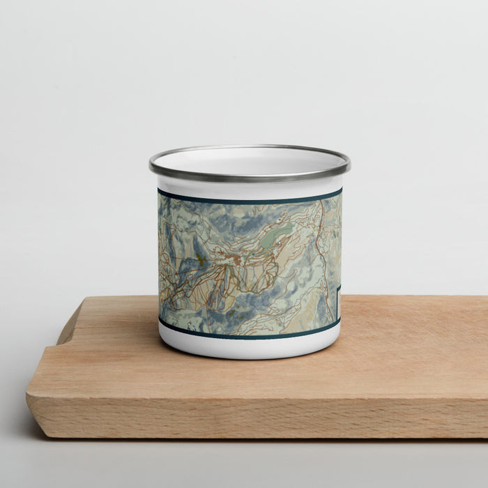 Front View Custom Olympic Valley California Map Enamel Mug in Woodblock on Cutting Board