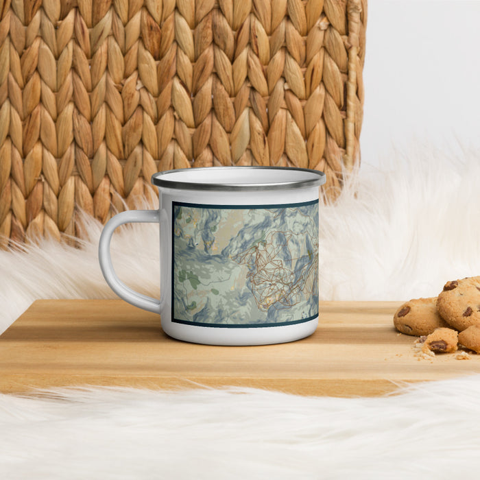 Left View Custom Olympic Valley California Map Enamel Mug in Woodblock on Table Top