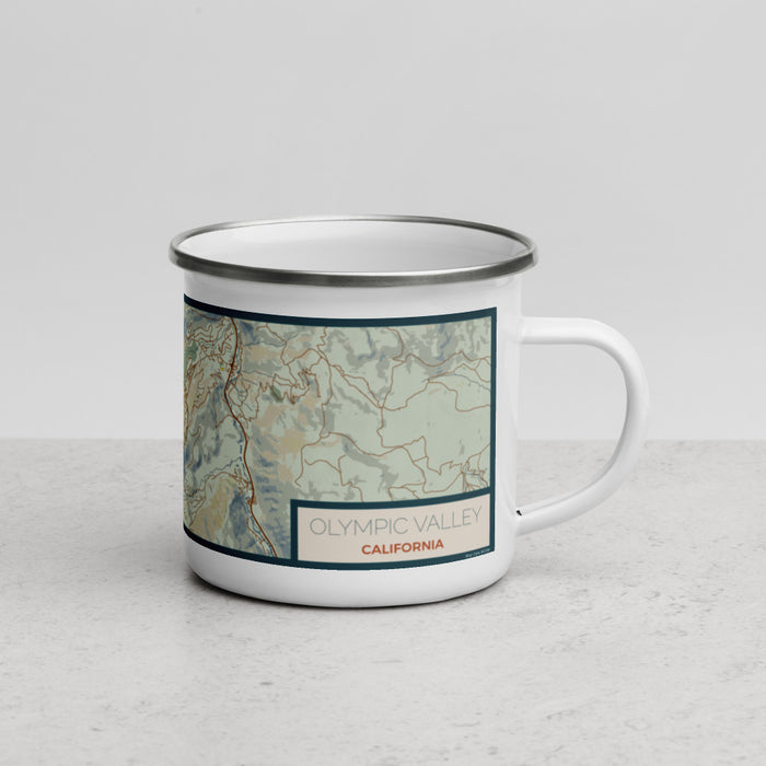 Right View Custom Olympic Valley California Map Enamel Mug in Woodblock