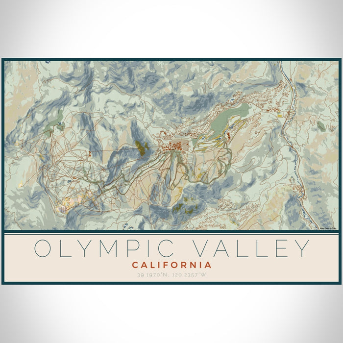 Olympic Valley California Map Print Landscape Orientation in Woodblock Style With Shaded Background
