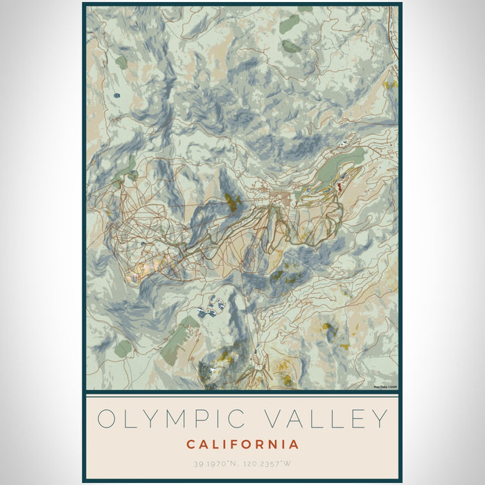 Olympic Valley California Map Print Portrait Orientation in Woodblock Style With Shaded Background