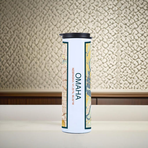 Omaha Nebraska Custom City Map Inscription Coordinates on 17oz Stainless Steel Insulated Tumbler in Woodblock Map Style