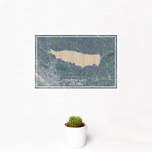 12x18 Oneida Lake New York Map Print Landscape Orientation in Afternoon Style With Small Cactus Plant in White Planter