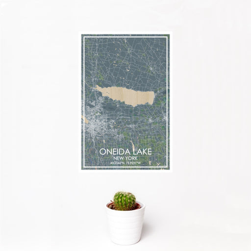 12x18 Oneida Lake New York Map Print Portrait Orientation in Afternoon Style With Small Cactus Plant in White Planter