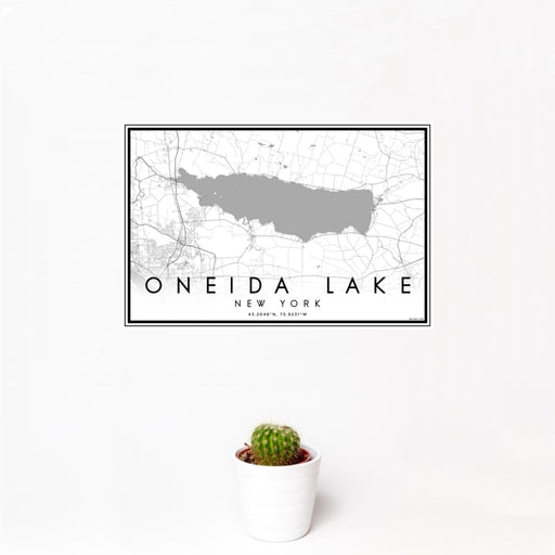 12x18 Oneida Lake New York Map Print Landscape Orientation in Classic Style With Small Cactus Plant in White Planter