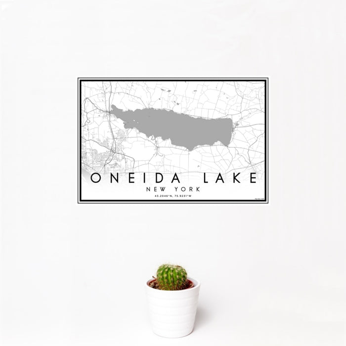 12x18 Oneida Lake New York Map Print Landscape Orientation in Classic Style With Small Cactus Plant in White Planter