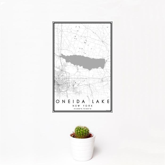 12x18 Oneida Lake New York Map Print Portrait Orientation in Classic Style With Small Cactus Plant in White Planter