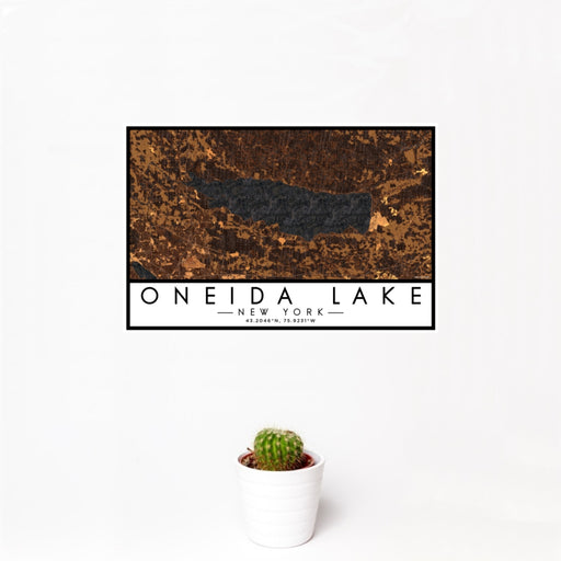 12x18 Oneida Lake New York Map Print Landscape Orientation in Ember Style With Small Cactus Plant in White Planter