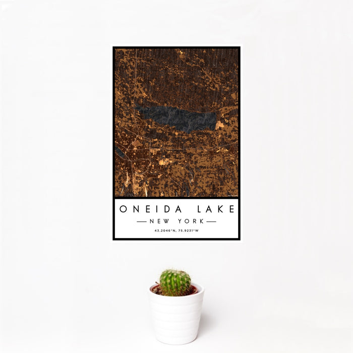 12x18 Oneida Lake New York Map Print Portrait Orientation in Ember Style With Small Cactus Plant in White Planter