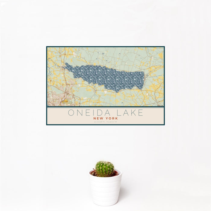 12x18 Oneida Lake New York Map Print Landscape Orientation in Woodblock Style With Small Cactus Plant in White Planter