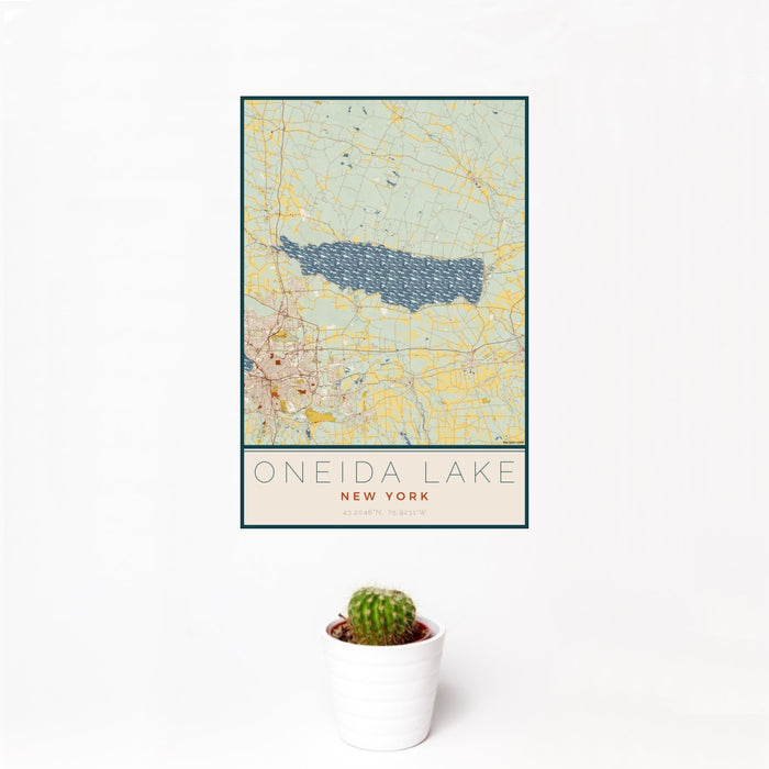 12x18 Oneida Lake New York Map Print Portrait Orientation in Woodblock Style With Small Cactus Plant in White Planter