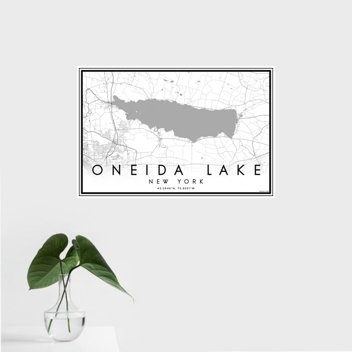 16x24 Oneida Lake New York Map Print Landscape Orientation in Classic Style With Tropical Plant Leaves in Water