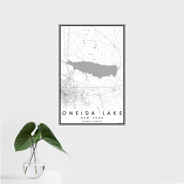 16x24 Oneida Lake New York Map Print Portrait Orientation in Classic Style With Tropical Plant Leaves in Water