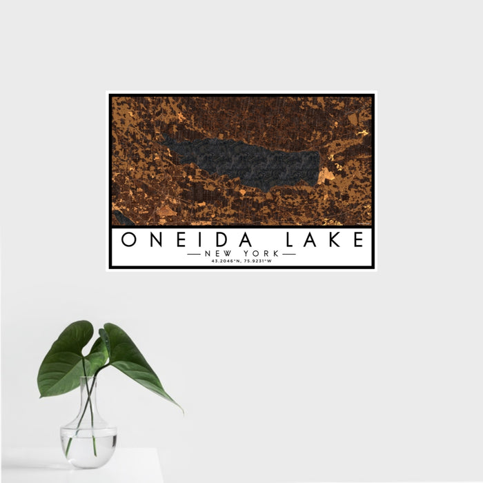 16x24 Oneida Lake New York Map Print Landscape Orientation in Ember Style With Tropical Plant Leaves in Water