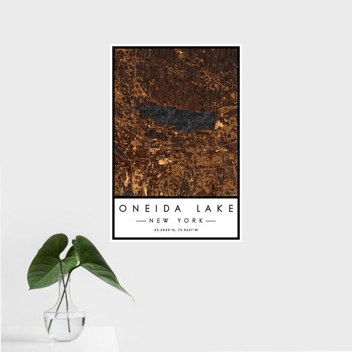 16x24 Oneida Lake New York Map Print Portrait Orientation in Ember Style With Tropical Plant Leaves in Water