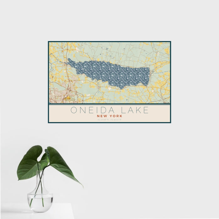 16x24 Oneida Lake New York Map Print Landscape Orientation in Woodblock Style With Tropical Plant Leaves in Water